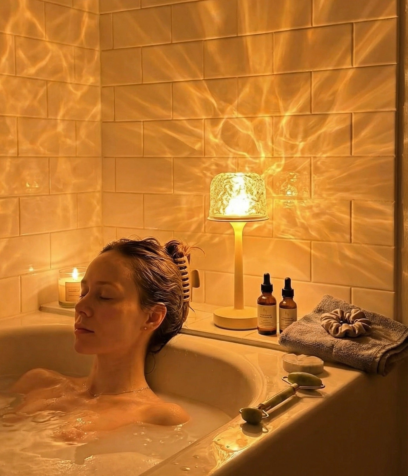 Douche dans la pénombre, avec la lumière chaude de Lure Glow